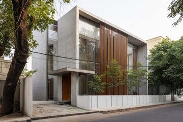 A contemporary concrete house featuring elegant wooden accents is nestled among lush trees in an urban neighborhood, basking in the bright daylight