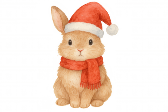Cute rabbit wearing santa hat and scarf, holiday animal illustration, watercolor bunny for christmas celebration