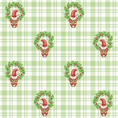 Watercolor Christmas gnomes with gift boxes inside holly wreaths on green plaid background. Festive seamless pattern for textile, fabric print, wrapping paper, napkins, wallpaper, and holiday design