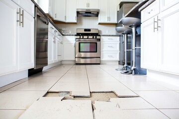 Broken tiles on a kitchen floor revealing damage