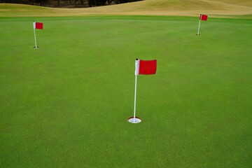 Obraz premium A pristine golf putting green with three red flags marking the holes.