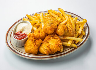 Classic Crispy Fish and Chips with Tartar Sauce, Ketchup, and Lemon Wedge on Platter on marble background side view
