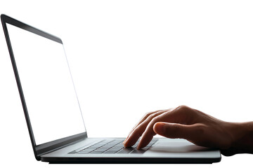 a person typing on a laptop, with a white screen and a transparent background