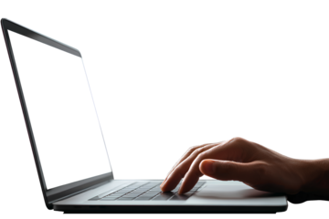a person typing on a laptop, with a white screen and a transparent background