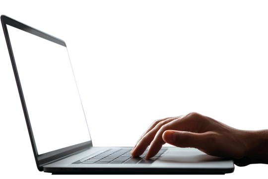 a person typing on a laptop, with a white screen and a transparent background