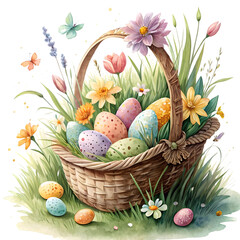Watercolor Easter Basket with Colorful Eggs and Spring Flowers Illustration