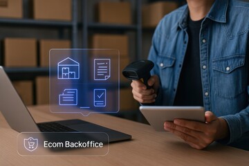 Ecommerce inventory management system back office digital content warehouse environment close-up view efficiency concept