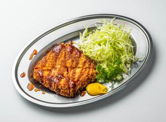 Delicious Crispy Tonkatsu with Shredded Cabbage, Mustard, and Savory Sauce on a Metal Plate on marble background top view