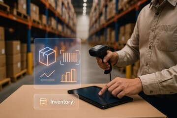 Inventory management action with barcode scanner in warehouse digital tracking content industrial environment close-up viewpoint for efficient operations