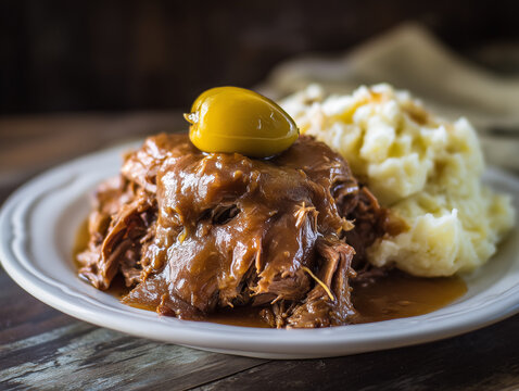 Hot roast beef with gravy, mashed potatoes, and pepperoncini on white plate