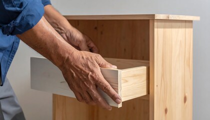 A person inserts a wooden drawer into a matching cabinet. The hands carefully guide the drawer, showing the carpentry skill in action