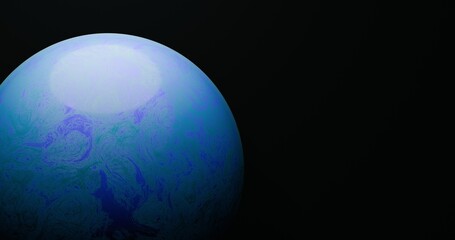 Render 3D de um planeta/exoplaneta azul de aspecto gasoso, com redemoinhos/textura fluida e brilho suave na calota, recortado contra fundo espacial escuro. © Mirella