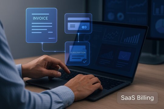 Saas billing management system digital workspace infographic content technology environment close-up viewpoint subscription services concept