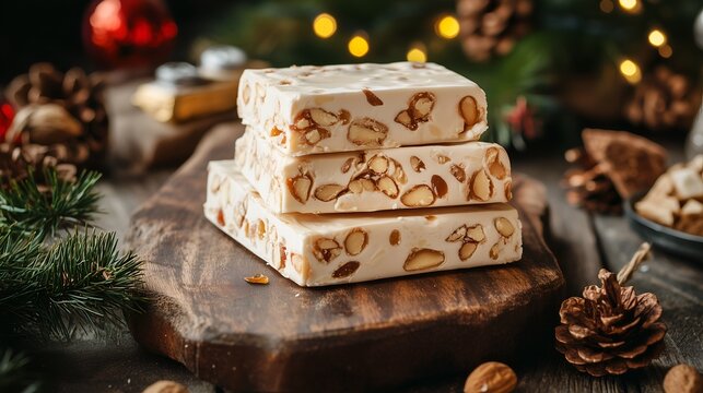 Sweet Spanish Christmas turr&oacute;n almond nougat on a rustic wooden board with honey glaze and festive decorations. Ideal for recipe books, menu design, and culinary websites or blogs 