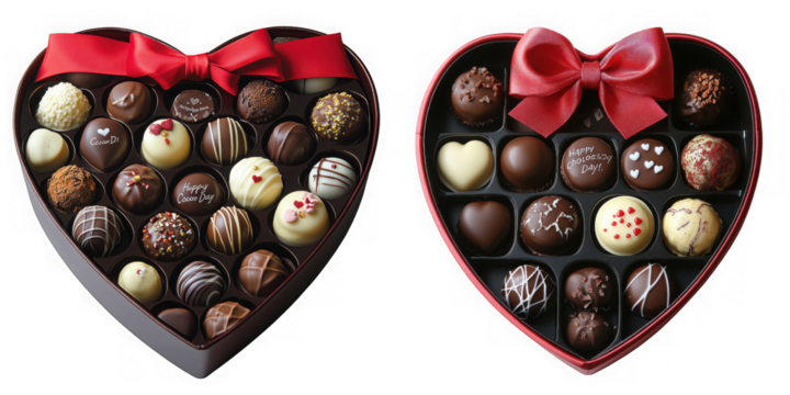 Two heartshaped boxes filled with assorted chocolates and tied with red bows, isolated on transparent background
