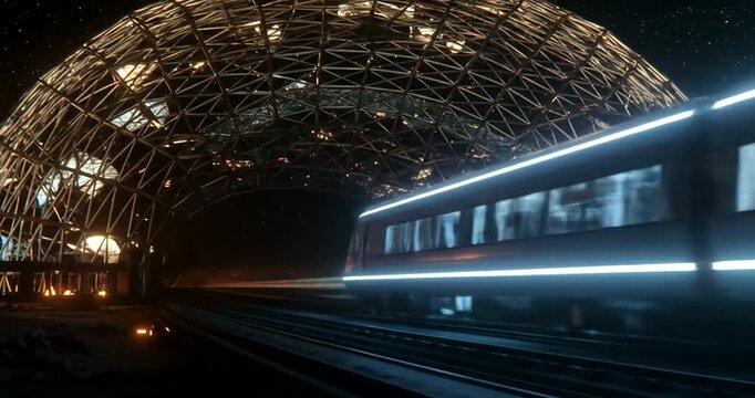 Futuristic train speeding through a glowing dome structure
