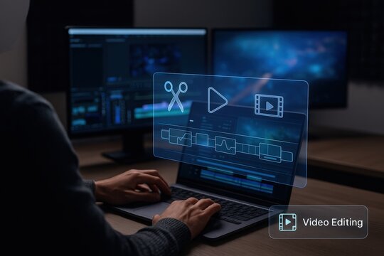 Video editing techniques for creators home office digital tutorial modern workspace close-up view creative process