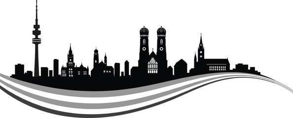 Fototapeta premium Silhouette of Munich city skyline with iconic landmarks like Olympiaturm and Frauenkirche, perfect for travel, tourism, and urban design concepts