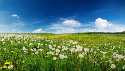 Dandelions Bloom In Summer Meadow Field Creating Peaceful Field And Blue Sky