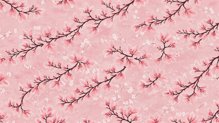 Cherry blossom branches seamless pattern on pink