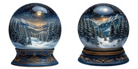 Two decorative snow globes showing a serene winter mountain landscape with pine trees and a full moon isolated on transparent background