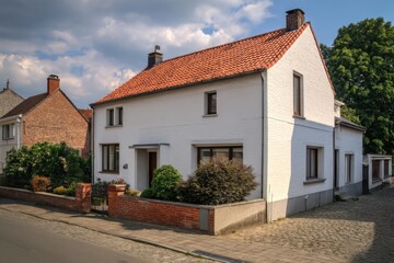 Charming white house with red roof surrounded by greenery located on a quiet street in a picturesque neighborhood on a sunny day