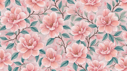 Romantic seamless floral pattern with pink blossoms
