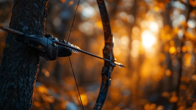Archers Bow and Arrow Aimed in Autumn Forest Sunlight.