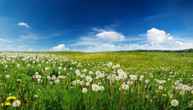 Dandelions Bloom In Summer Meadow Field Creating Peaceful Field And Blue Sky