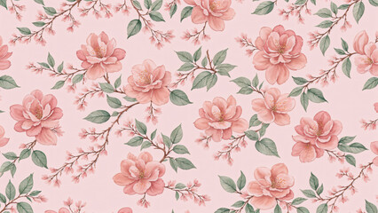 Seamless floral wallpaper with pastel pink blossoms