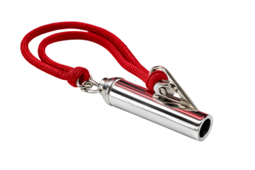 blow the action of blowing into a chrome sports whistle with a red lanyard on a transparent background