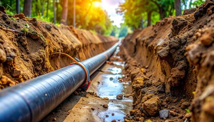 A long, black pipe lies inside a trench, flanked by dirt walls and water. Green trees and sunlight are visible in the background