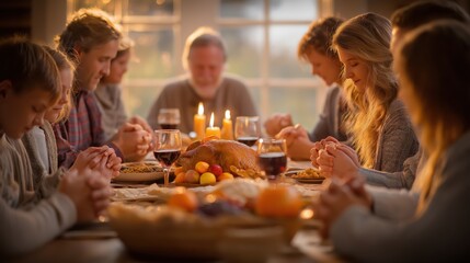 Thanksgiving family dinner with roasted turkey, prayer, and festive atmosphere of gratitude and togetherness.