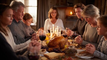 Thanksgiving family dinner with roasted turkey, prayer, and festive atmosphere of gratitude and togetherness.