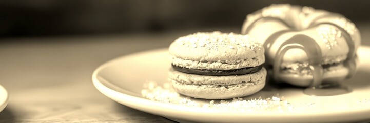 macarons and creamy pastry placed on a dessert plate in a cozy cafe setting