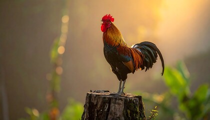 A colorful rooster perched proudly on a tree stump, bathed in the golden glow of sunrise amidst a lush green forest