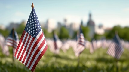 American cemetery with flags on gravestones symbolizing Memorial Day and national pride.