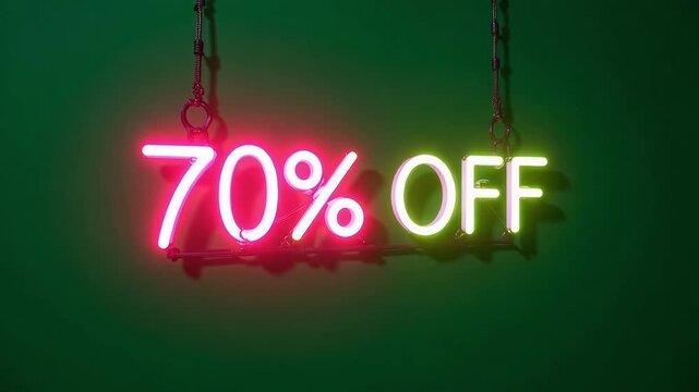 Bright neon sign announces massive 70% off sale, generating excitement for incredible savings and shopping deals