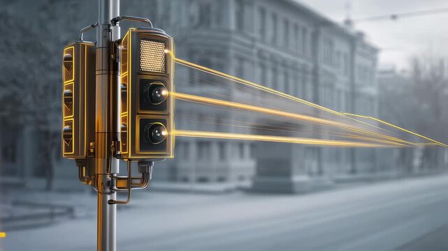 Advanced smart traffic management system using cameras and sensors to monitor and control vehicle flow, with light beams scanning a bus on a city street for enhanced safety and efficiency