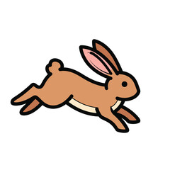 A cartoon brown rabbit with long ears in mid leap isolated on white background