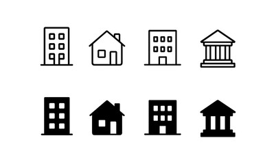 Minimalist line and solid icons of diverse building types