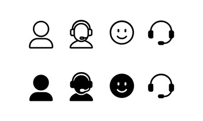 Customer support icon set: user and headset symbols in solid and outline styles