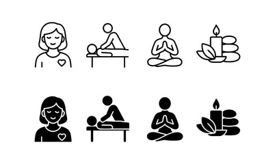 Wellness and relaxation icons: spa, massage, yoga, meditation, candle