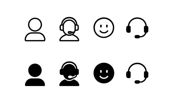 Customer support icon set: user and headset symbols in solid and outline styles