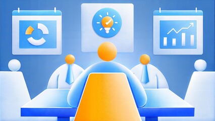 3D abstract business meeting with charts and lightbulb