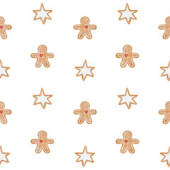Seamless watercolor pattern with gingerbread cookies in the shape of stars and men on transparent background. Perfect for Christmas wrapping paper, textile, fabric print, wallpaper, and holiday design