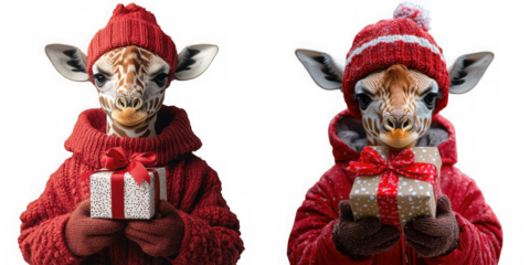 Two cute giraffes wearing red winter hats and sweaters holding gifts isolated on transparent background