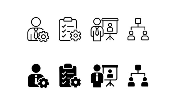 Business management icons set in outline and filled styles for efficient workflow design