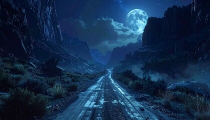 A long, desolate road winds between towering canyon walls under a brilliant, full moon in a night sky filled with clouds