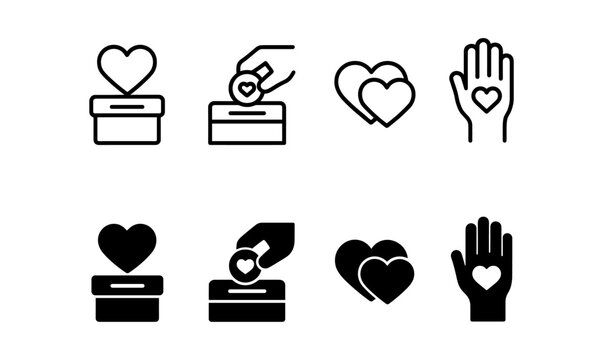 Charity and donation icons: heart, giving, and volunteer symbols in linear and silhouette styles